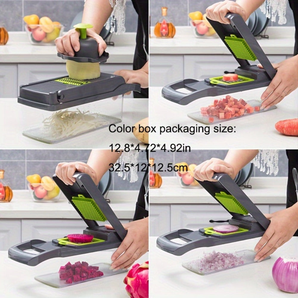 Romeoo Cortador y Picador de Verduras Multiusos 16 en 1 - Procesador de Alimentos Manual con Contenedor, Cesta de Drenaje y Protector de Manos - No Requiere Electricidad, Verde y Negro, Picador de Verduras 16 en 1 para Patatas, Cebollas, Zanahorias, Ajo -