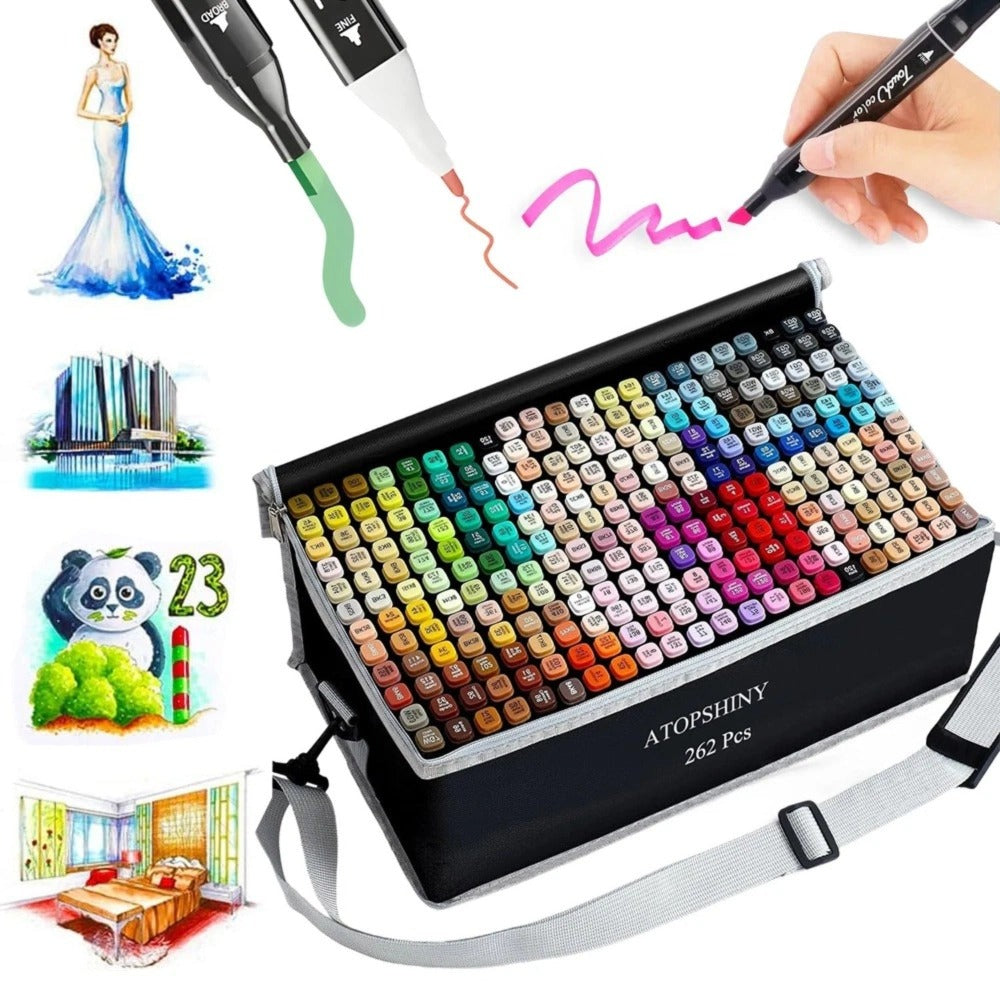 Juego de 262 rotuladores de doble punta con estructura cuadrada y bolsa de almacenamiento para pintar, dibujar y diseñar, suministros de pintura, herramientas de arte, herramientas de grabado, rotuladores de pintura