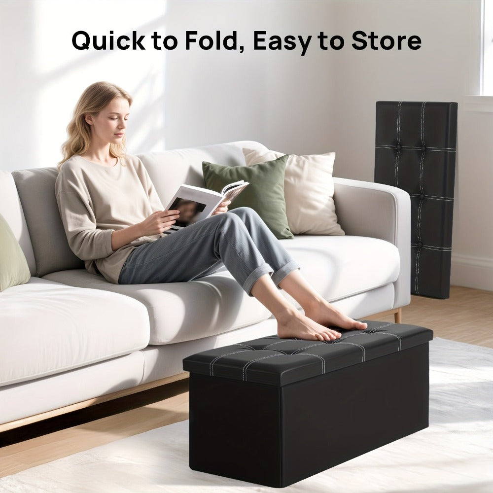 Taburete Plegable de Cuero con Doble Costura, Material de Cuero Fácil de Almacenar, Gran Capacidad de Carga Ideal para Sentarse, Taburete para Cambiar Zapatos en el Sofá, Banco de Almacenamiento, Banco Largo, Caja Taburete