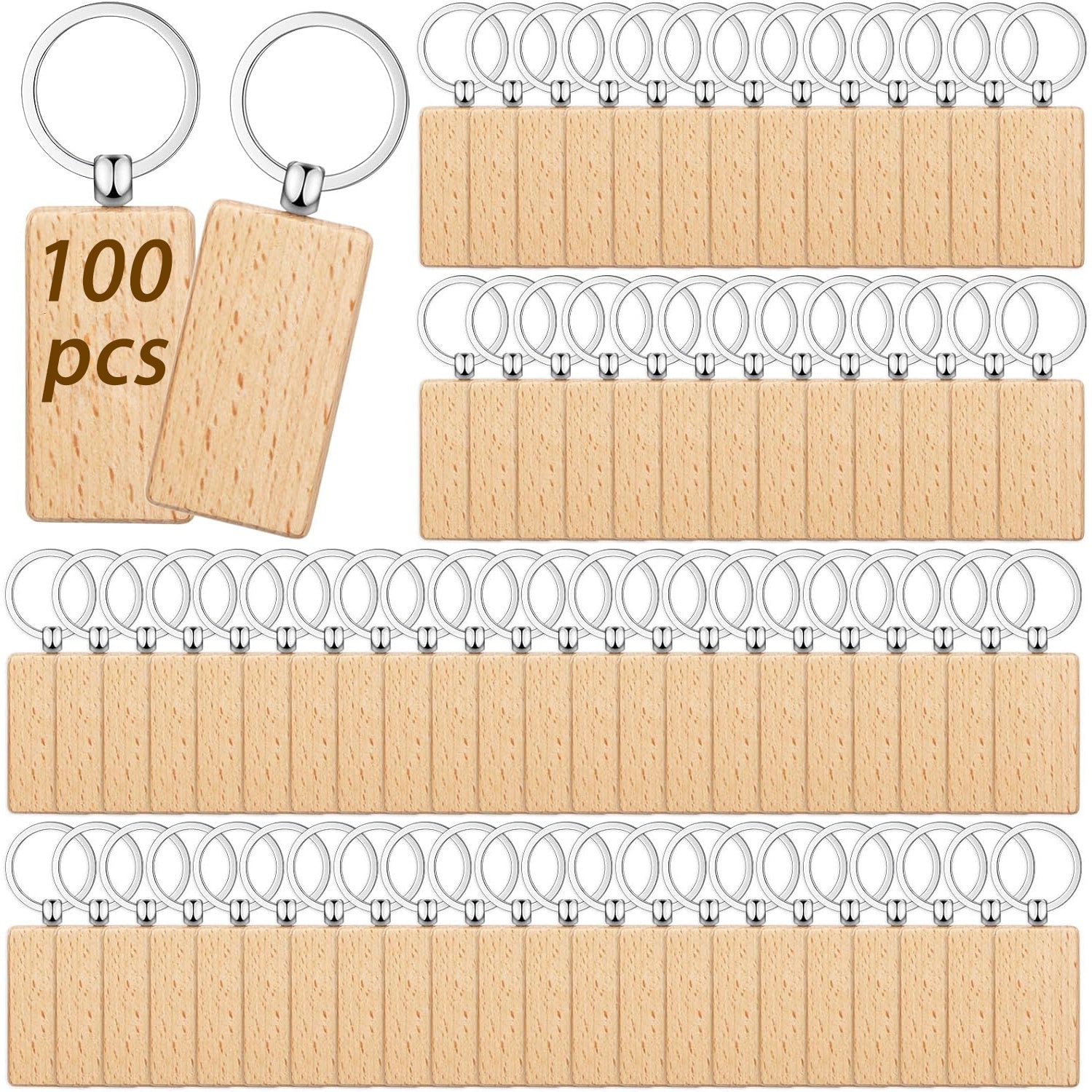 100/200 piezas de llaveros cuadrados de madera de haya sin grabar | Madera sin terminar de alta calidad, etiquetas rectangulares para grabado láser, llaveros de madera, adecuados para proyectos hechos a mano, manualidades de madera, regalos y decoraciones