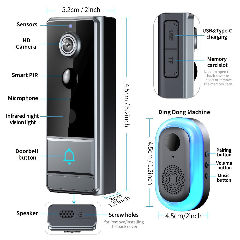 Timbre sin varillas, timbre de video inteligente, cámara de timbre inalámbrica con detección de personas PIR, timbre de seguridad WiFi con cámara, audio bidireccional, cambio de voz, foto y grabación, visión nocturna, timbre de video con 60 tonos, 5 nivel