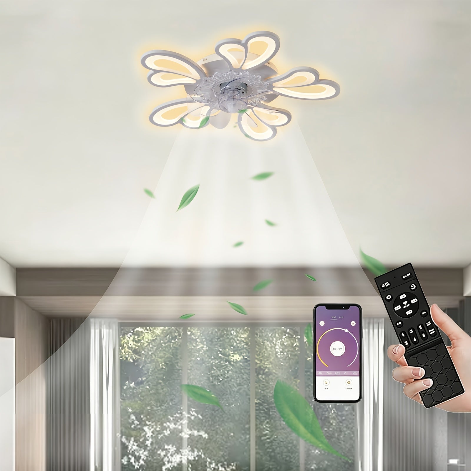 Lámpara de techo LED silenciosa con ventilador y iluminación, lámpara de techo para dormitorio con control remoto y aplicación, lámpara regulable con ventilador, 5 luces, pantalla de acrílico con forma de flor, sala de estar, cocina, 69 cm