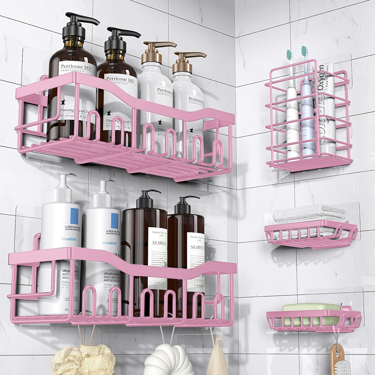 Organizador de ducha adhesivo, paquete de 5 organizadores de baño de acero inoxidable inoxidable a prueba de óxido de gran capacidad, estantes sin taladrar para almacenamiento de baño y decoración del hogar, propiedades de color aleatorio a elegir, organi