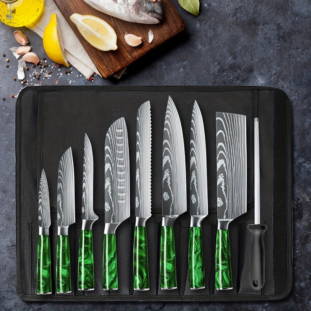 Juego de 8 cuchillos, perfecto para uso en la cocina, con hojas de acero inoxidable ultra afiladas para un rendimiento duradero. Disponible en azul, verde, negro y morado, viene con una funda de nailon para un almacenamiento y transporte convenientes