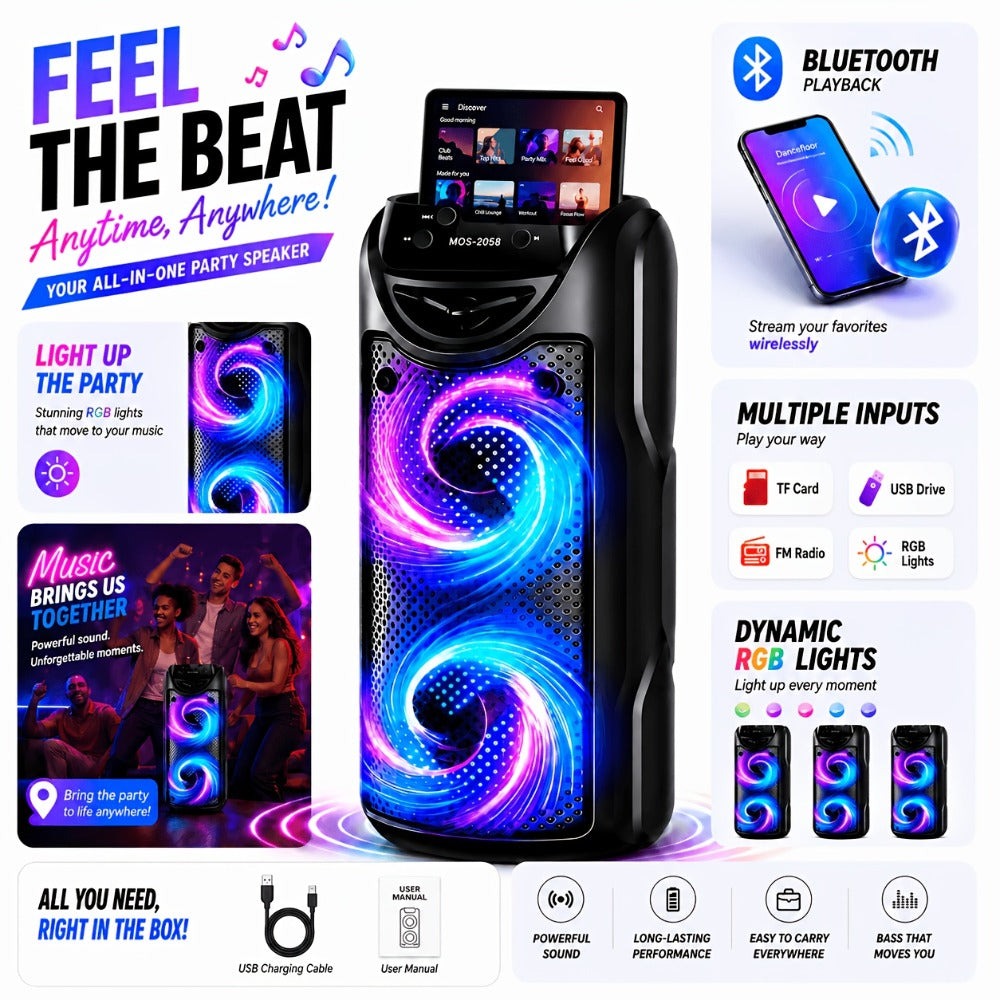 Sistema de altavoz de karaoke portátil Bluetooth, subwoofer dual de 3 pulgadas con graves profundos, luces de fiesta LED, radio FM, estéreo sin varillas TWS, altavoz PA de alto volumen, altavoz Bluetooth para exteriores para fiestas de verano, camping, pl