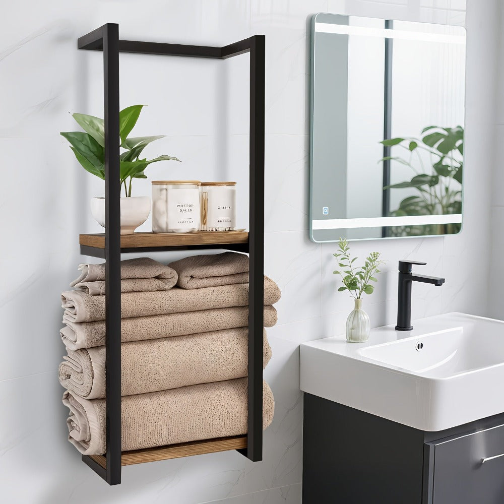 Toallero de pared, perchero de toallas para baño - Diseño prémium 2 en 1, enorme capacidad para 56 toallas, construcción de metal y madera, toalleros de pared para suites de SPA de lujo, baños principales, percheros de toallas