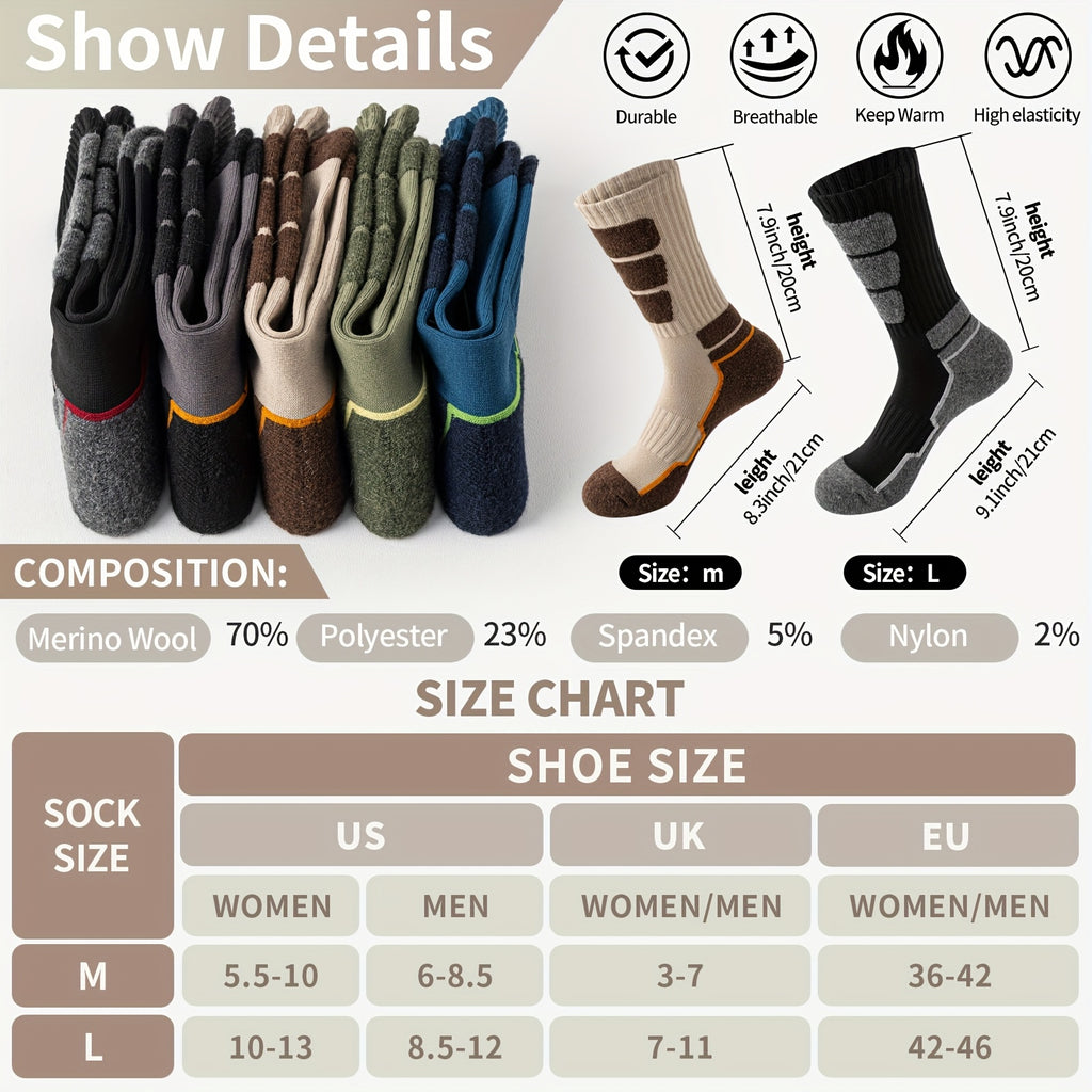 5 Pares de Calcetines de Lana para Hombres y Mujeres - Soporte de Compresión, Transpirables, Absorbentes de Sudor, Medias Acolchadas con Diseño a Rayas - Pack Multicolor para Regalos (Navidad, Halloween, San Valentín), Equipamiento para Aventuras al Aire