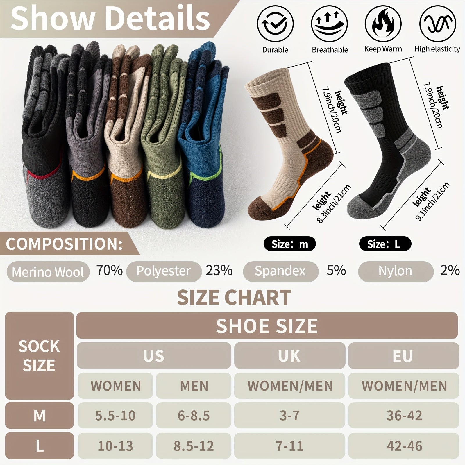 5 Pares de Calcetines de Lana para Hombres y Mujeres - Soporte de Compresión, Transpirables, Absorbentes de Sudor, Medias Acolchadas con Diseño a Rayas - Pack Multicolor para Regalos (Navidad, Halloween, San Valentín), Equipamiento para Aventuras al Aire