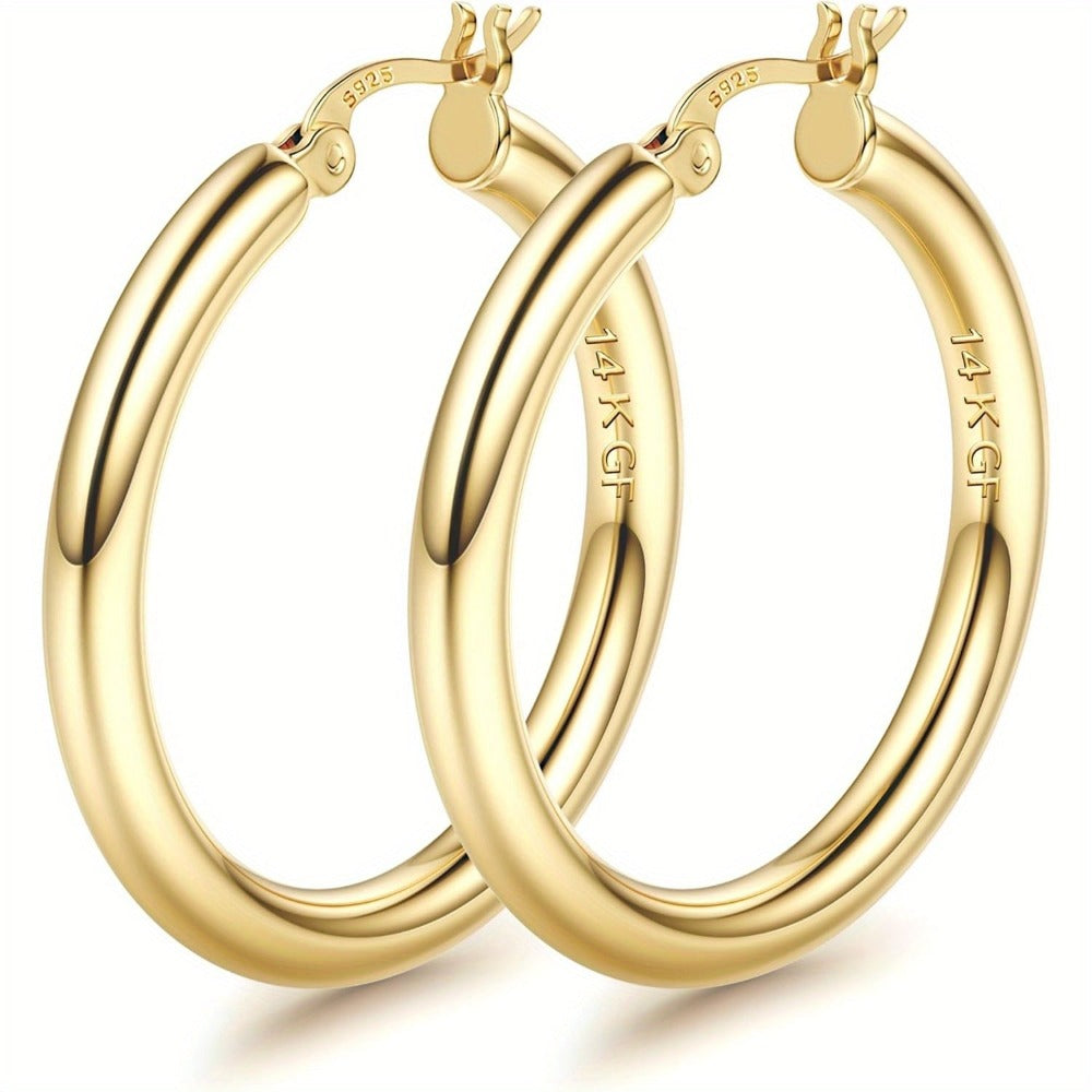 Pendientes de aro plateados de oro de 14K para mujer con poste de plata 925, aros huecos de 4 mm de grosor, aros dorados, aros grandes dorados hipoalergénicos y ligeros de 25/30/40/50/60/70 mm