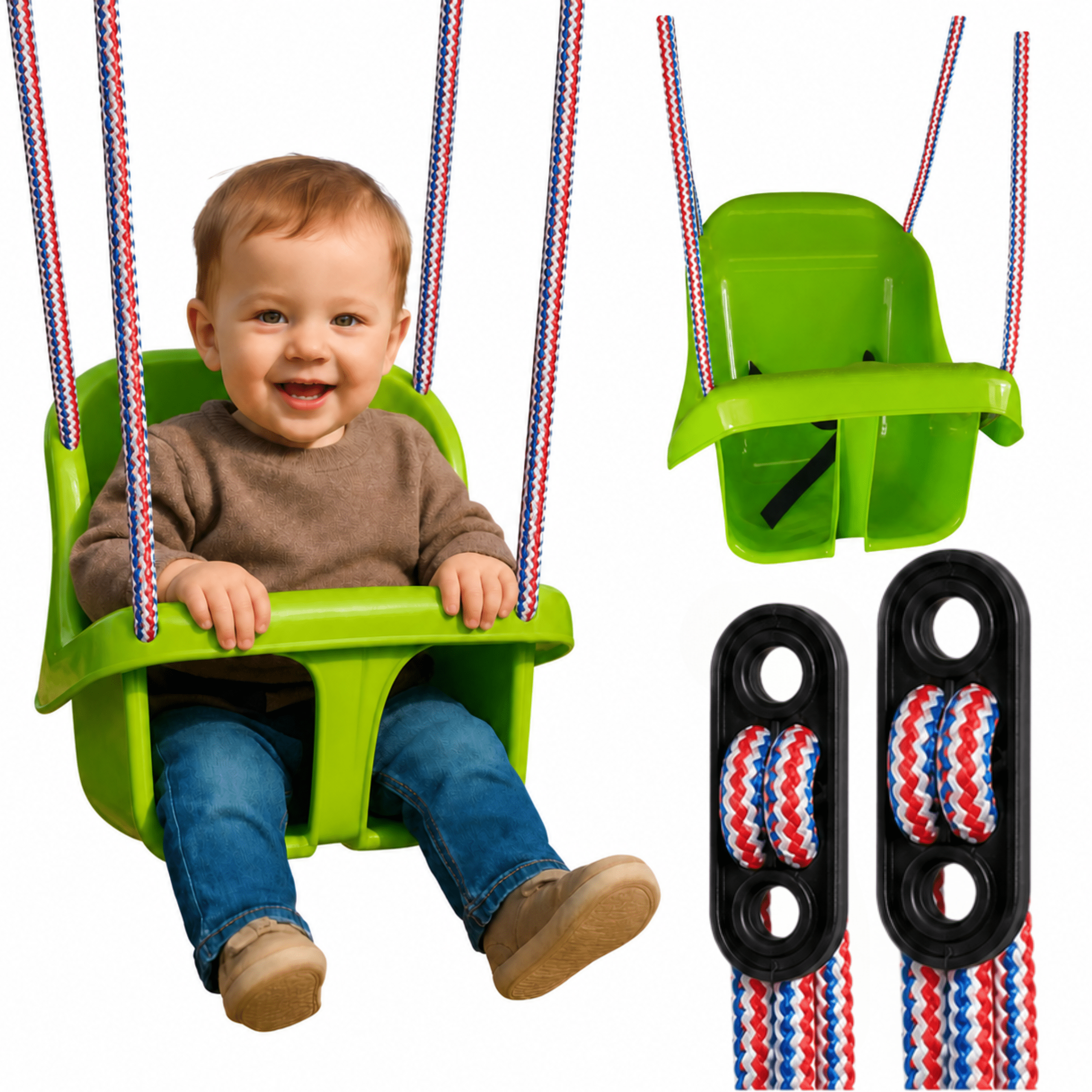 Colgacama tipo cubo para niños con cinturón de seguridad y cuerdas ajustables, asiento con respaldo alto y protección lateral, polipropileno duradero resistente a las condiciones climáticas y radiación UV, colgacama fácil de limpiar para el jardín, terraz