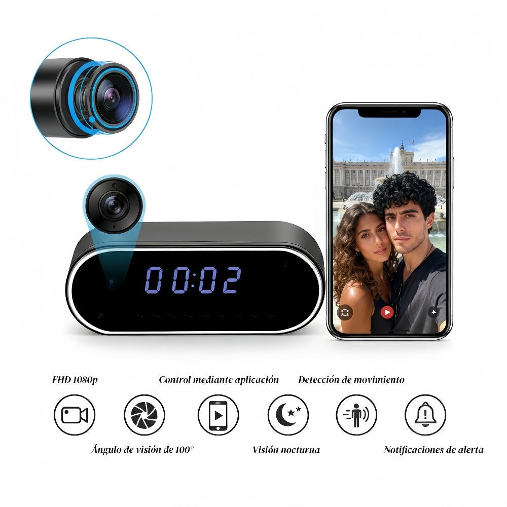 Reloj Wifi de moda con cámara 1080P, visión nocturna, reconocimiento inteligente AI, detección de movimiento, punto de acceso AP de red local, notificación de alarma con video de 6 segundos y correo electrónico, visualización remota en teléfono móvil, bat