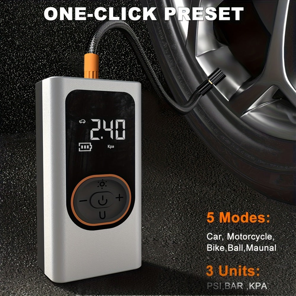 Inflador de neumáticos portátil inalámbrico de 150 PSI con medidor digital y luz LED, compresor de aire recargable USB-C - Infla rápidamente coches, bicicletas, motocicletas, balones, etc., herramienta portátil para inflar neumáticos, equipo de viaje para