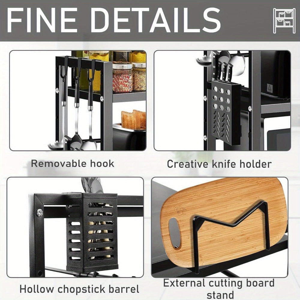 Estante de microondas expandible de 3 niveles, con 4 ganchos, ancho y altura ajustables, organizador de encimera de cocina, estantes de almacenamiento para ollas, sartenes y parrillas, ancho 40-64cm, negro, estante de pie
