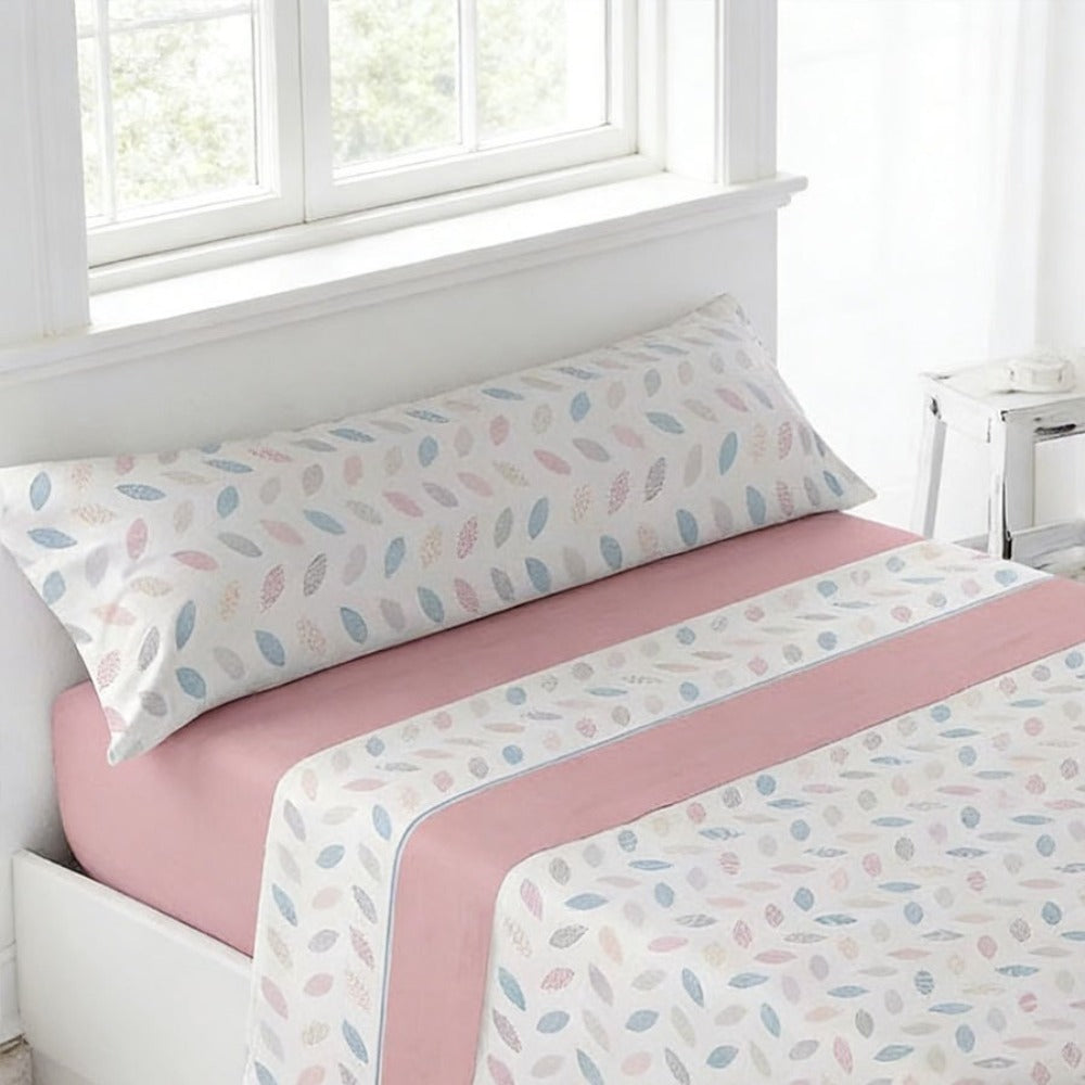 Juego de cama de 3 piezas con estampado de verano | Sábana bajera, colcha, funda de almohada | Estampado sencillo de hojas coloridas | Tela suave | 90 cm - Varios tamaños disponibles - Rosa