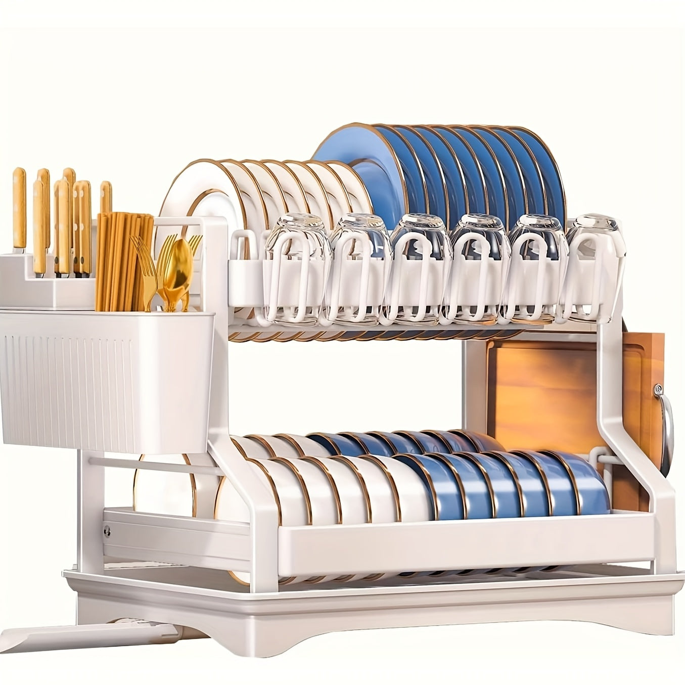 Escurridor de platos de 2 niveles de alta resistencia tipo acero con escurridor ajustable, escurridor giratorio, soportes para utensilios y tazas, organizador de encimera de cocina que ahorra espacio - Escurridor de platos compacto para platos, ollas, sar