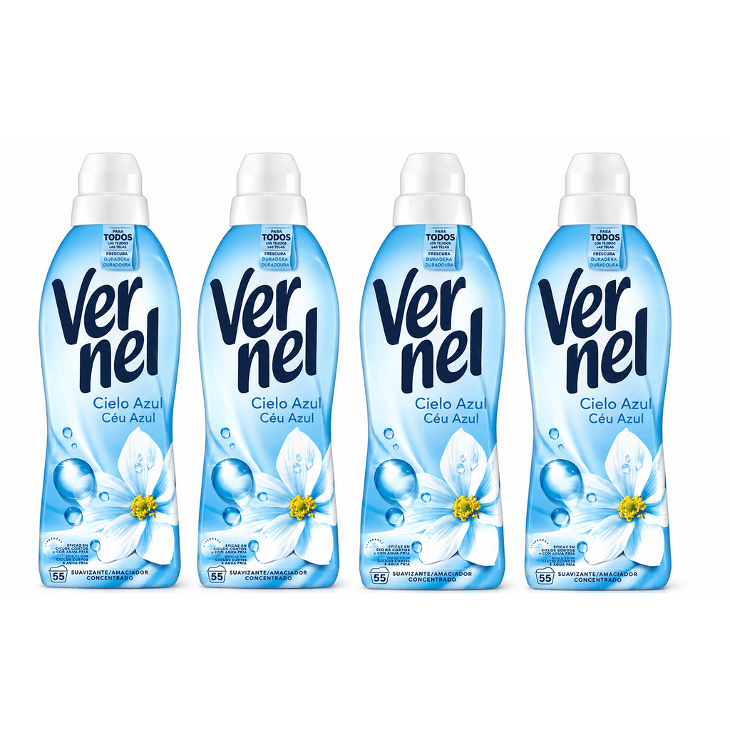 Paquete de 4 suavizantes de tela Vernel de aromaterapia para 4*60 lavados (Maldivas-Delicado, Lirio Irresistible, Té Blanco/Té) - Paquete de 4 suavizantes de tela Vernel de aromaterapia Cielo Azul para 4*55 lavados - Paquete de 4 suavizantes de tela Verne