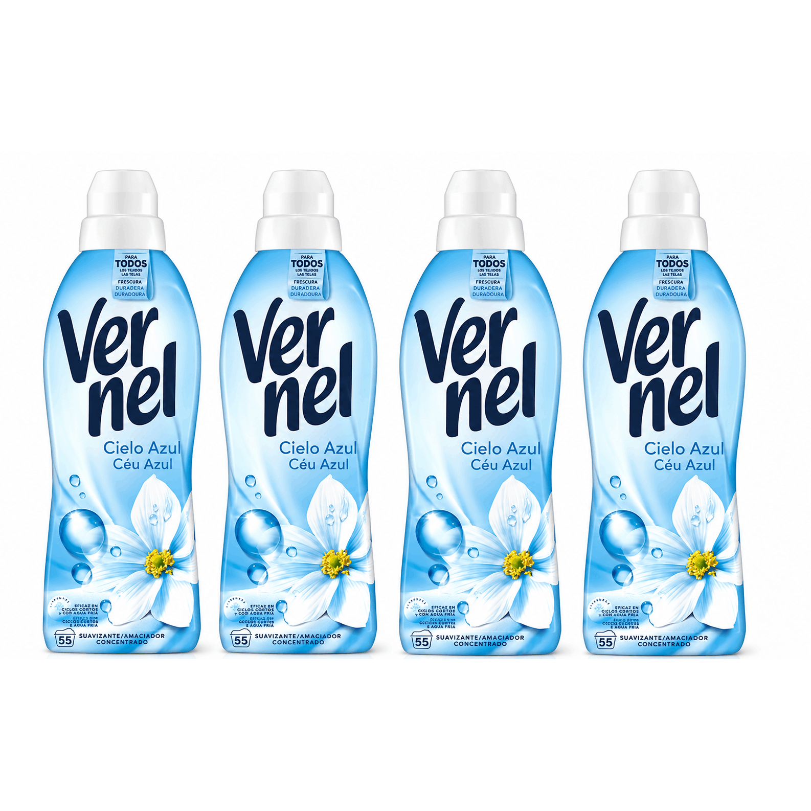 Paquete de 4 suavizantes de tela Vernel de aromaterapia para 4*60 lavados (Maldivas-Delicado, Lirio Irresistible, Té Blanco/Té) - Paquete de 4 suavizantes de tela Vernel de aromaterapia Cielo Azul para 4*55 lavados - Paquete de 4 suavizantes de tela Verne