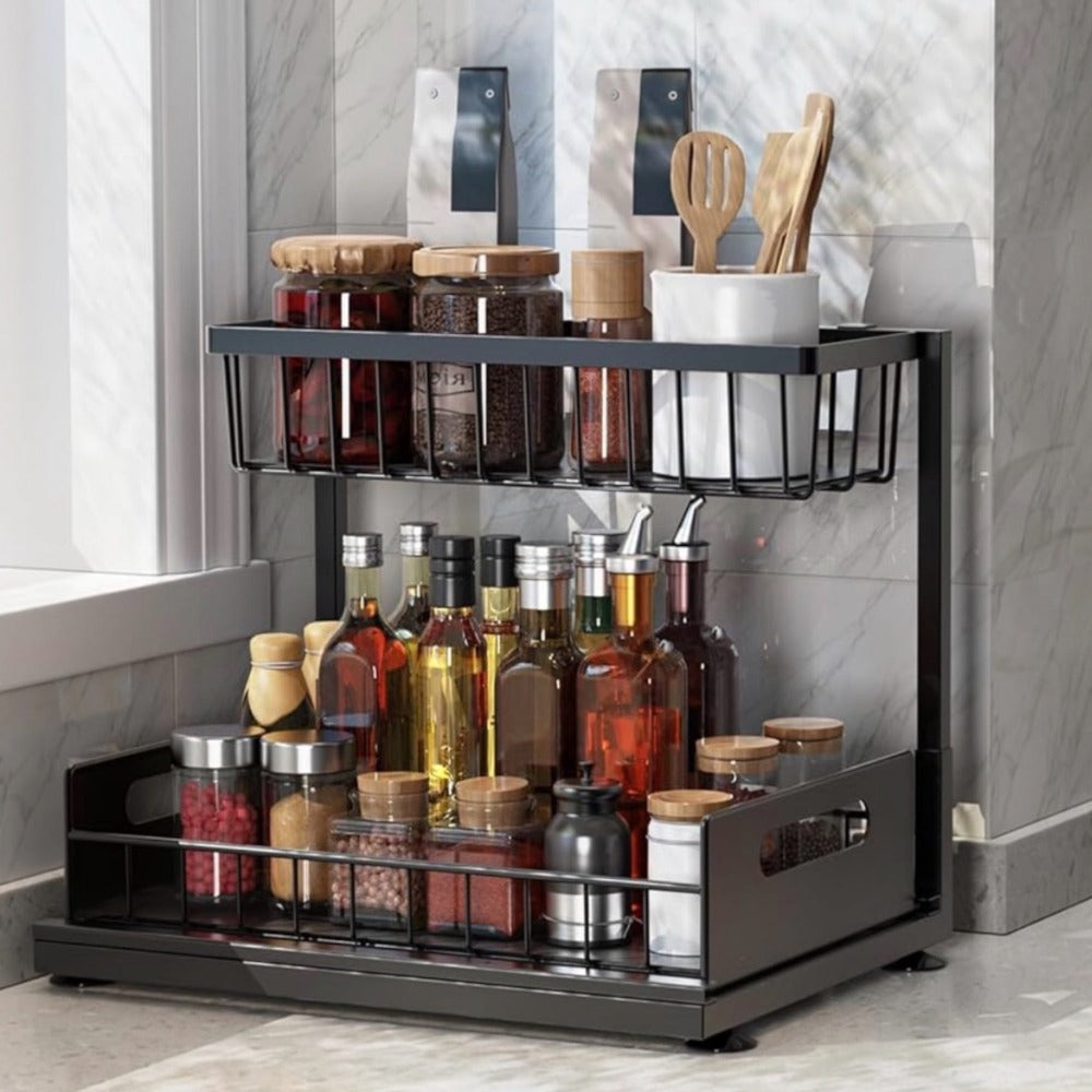 Organizador Cocina Almacenamiento de metal debajo del fregadero, organizador de cocina de 2 niveles con cajón de almacenamiento deslizante, organizador debajo del fregadero con ventosas mejoradas