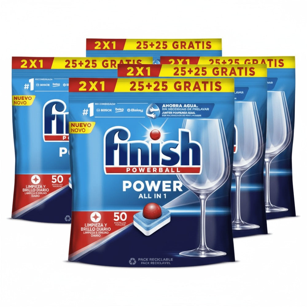 Finish Power All in 1 - Pack de 5 Paquetes De 25+25 (250) Pastillas, o Pack De 2 Paquetes De 25+25 (100) Pastillas para lavavajillas sin fosfatos, con potente Powerball para eliminar las manchas de grasa más difíciles.