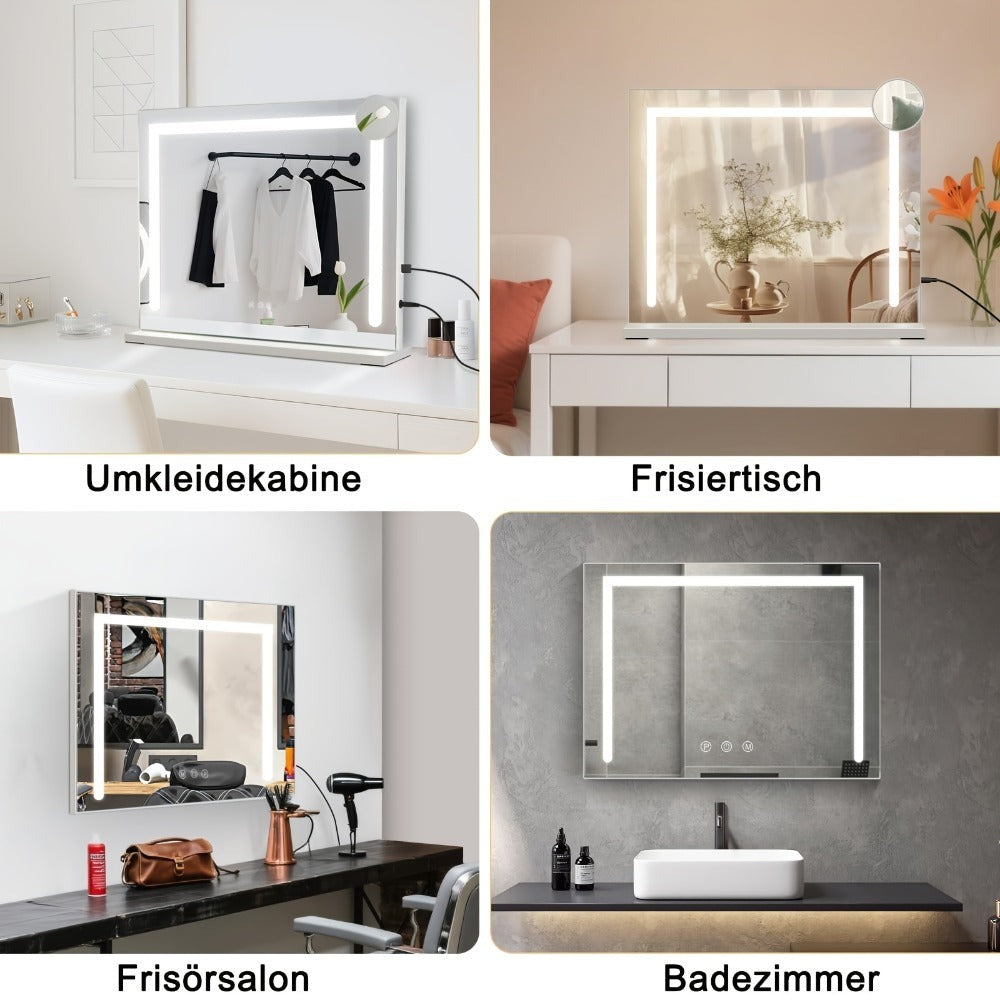 Espejo de Maquillaje de Hollywood con Iluminación - (50 X 40 Cm/58 X 46Cm/70 X 55Cm/80 X 60Cm) Espejo LED Regulable con 3 Modos de Luz USB Conexión Espejo de Maquillaje Inteligente para Dormitorio Tráiler