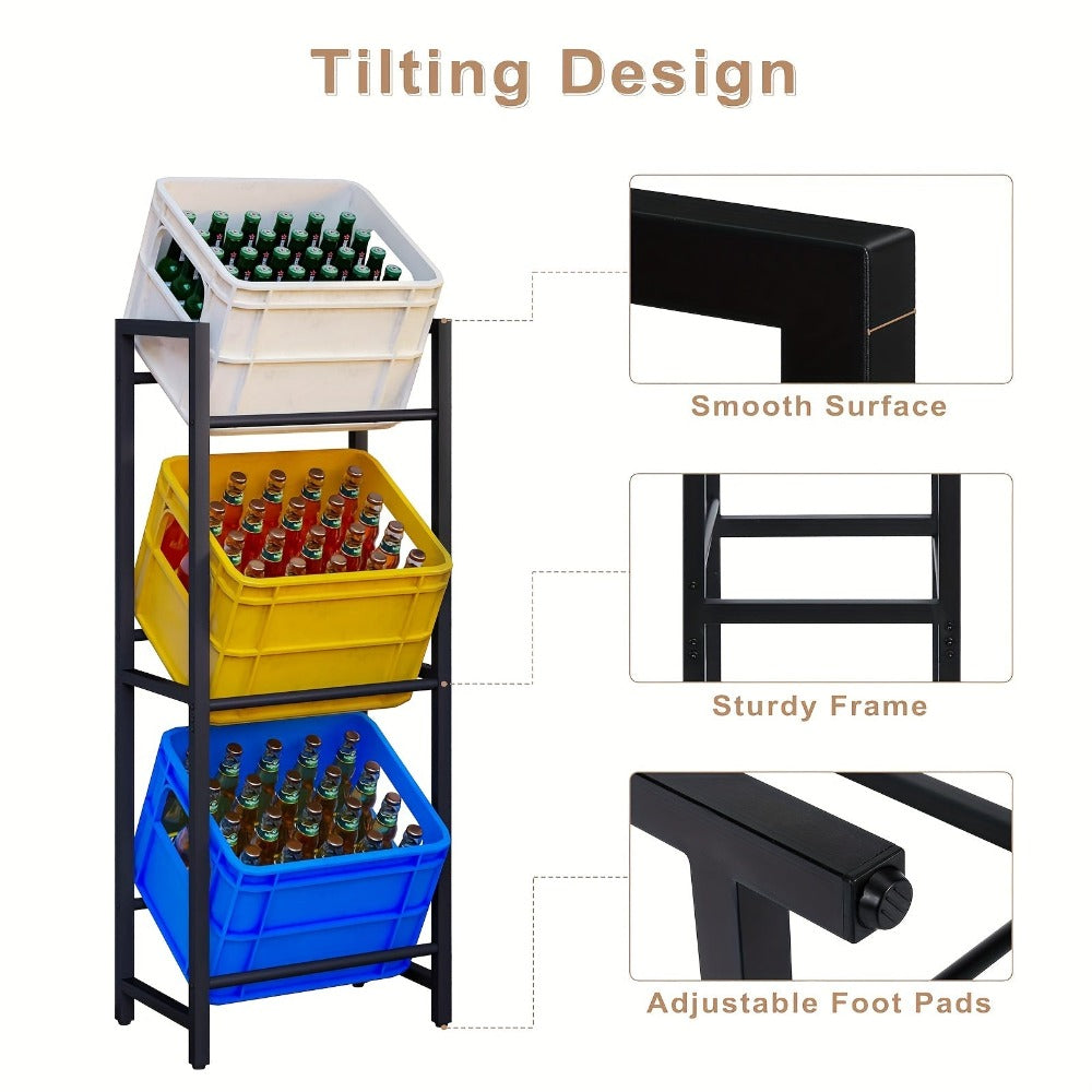 1 pza. Estante para cajones de bebidas de 3 niveles, diseñado para contener 3 cajones de bebidas, proporciona un soporte estable y ahorra espacio, hecho de metal, diseño de ángulo de inclinación con pies, acabado resistente al óxido, acabado negro.