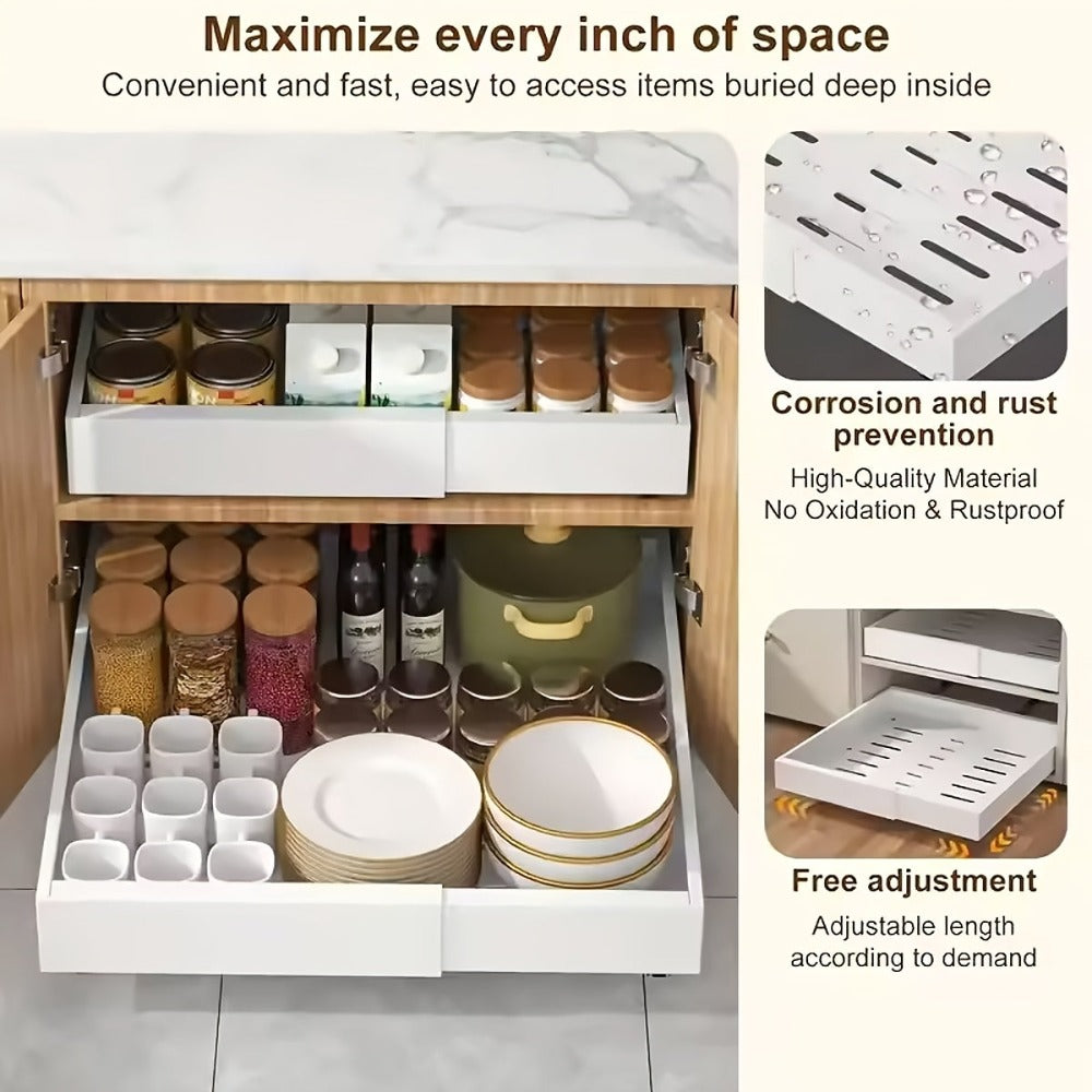 Organizador de gabinete extraíble y expandible de alta resistencia, con 3 rieles silenciosos, ancho ajustable (30.99 cm - 51.99 cm), apto para gabinetes de cocina, estantes extraíbles de gabinete