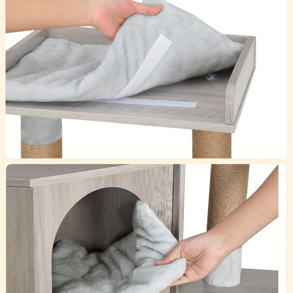 Árbol para Gatos con Gabinete para Caja de Arena, Gabinete para Gatos, Casa Moderna para Gatos 4 en 1 con Plataforma Grande, Casa para Gatos con Rascador de Sisal, Postes, Escaleras y Pompón, Cojines Lavables, Marfil Claro/Blanco