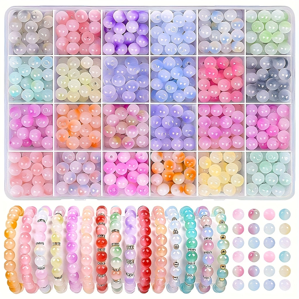 Kit de 24 piezas para hacer joyas con cuentas de cristal, cuentas redondas de colores mixtos, materiales de bricolaje para pulseras, collares y aretes, cuentas no tóxicas que cumplen con RSL aptas para principiantes, incluye hilo elástico y herramientas,