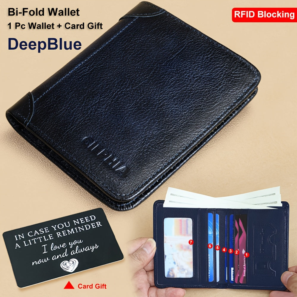 Cartera de Cuero Genuino para Hombre con Juego de Tarjetas de Bendición, Bloqueo RFID, Ultra Delgada, Piel de Vaca de Primera Calidad, Porta Tarjetas de Identificación y Crédito Multifuncional Compacto, Regalo para Navidad, Día de San Valentín y Día del P