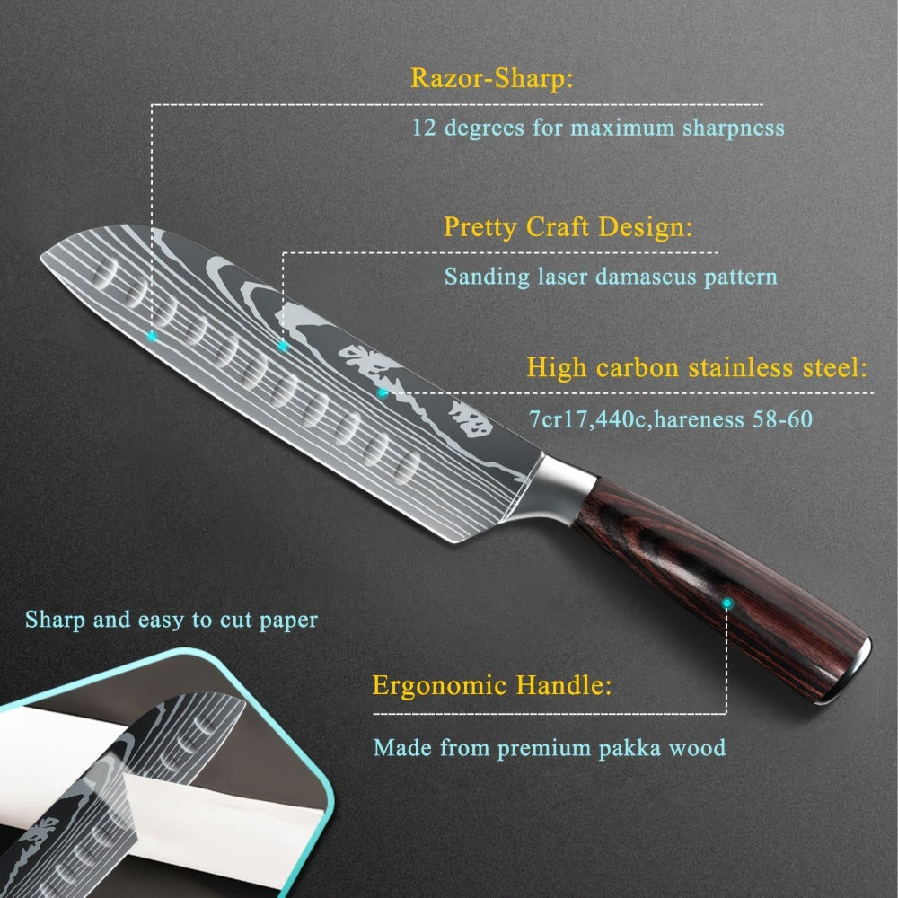 Cuchillo de Cocina Modelo D (Con Funda para Cuchillo) Caja de Regalo - Cuchillo de Chef con Patrón de Damasco y Grabado Láser para Cocina Occidental, Cuchillo de Chef Versátil y Cuchillo Santoku