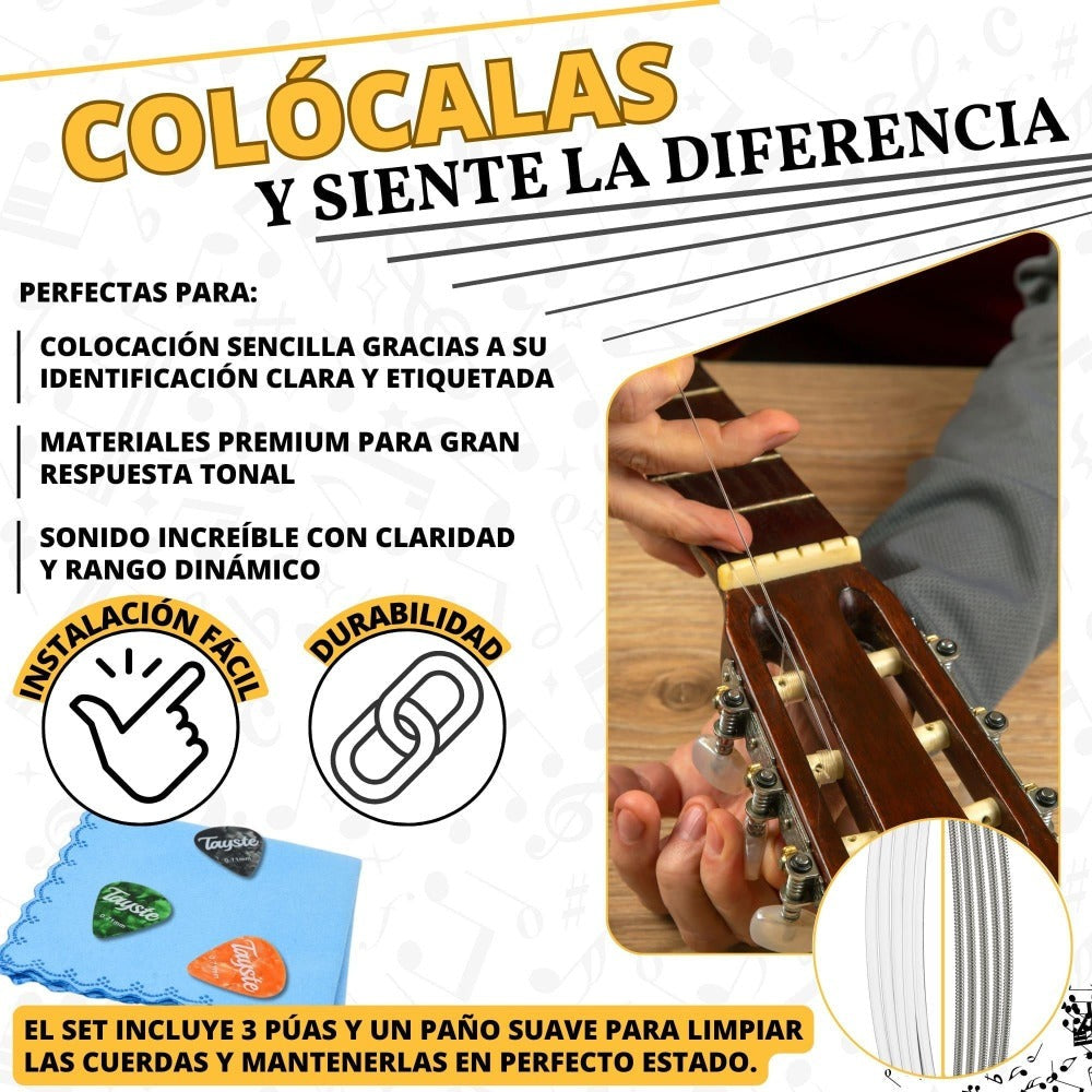 Cuerdas de Guitarra Española de Nailon Premium + 3 Púas Regalo + Toallita de microfibra Regalo | Cuerdas para guitarra clásica, española, flamenca