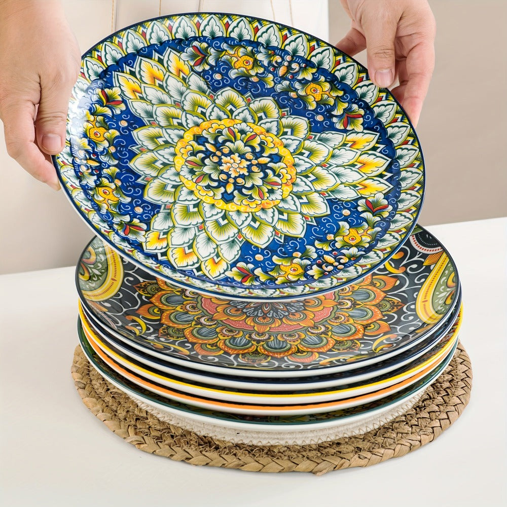 Juego de 6 platos llanos de cena SIMI estilo bohemio de porcelana, juego de platos de desayuno aptos para lavavajillas y microondas