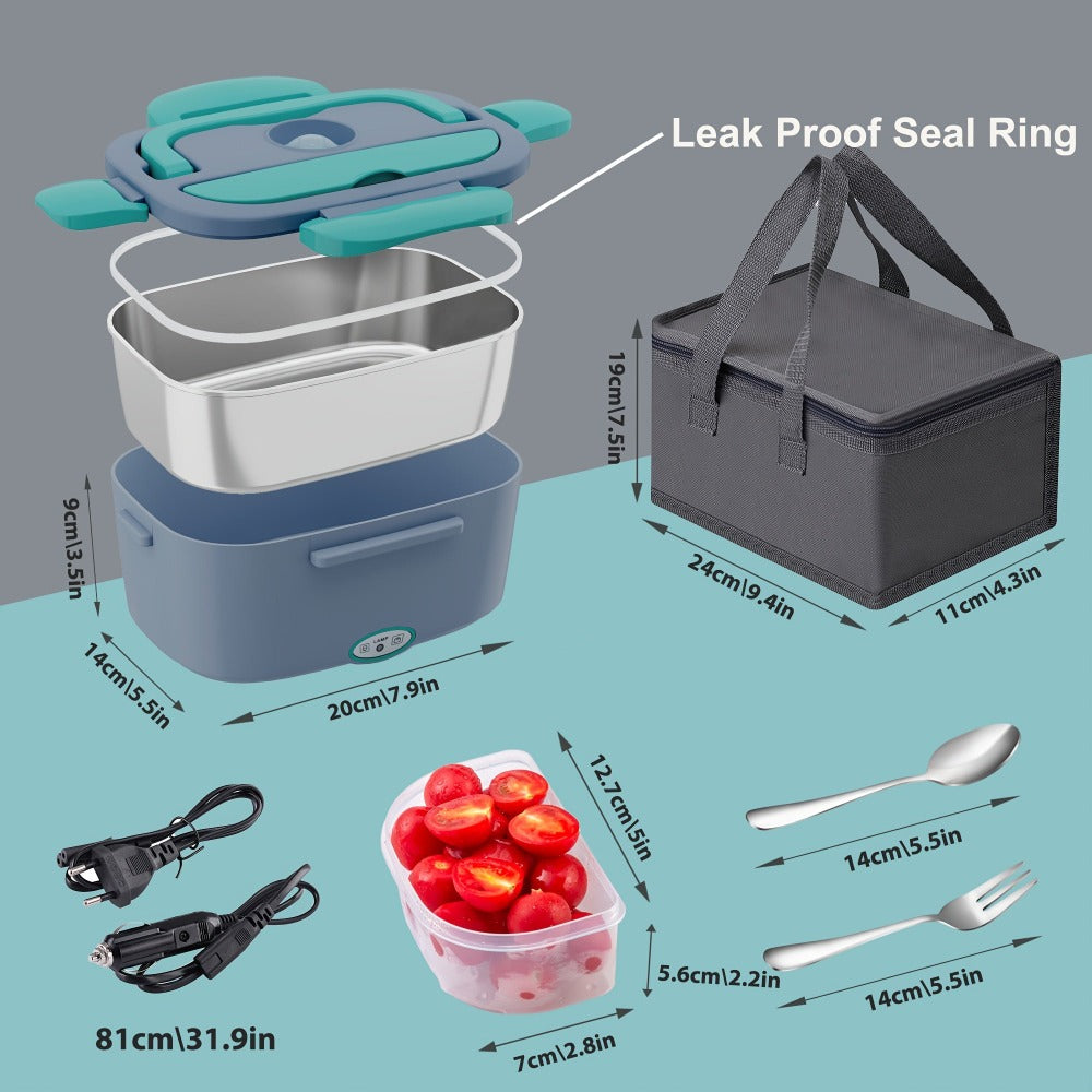 Esta lonchera cuenta con una potencia de 80W y una capacidad de 1.8 litros, lo que la hace ideal para comidas de adultos. Es una lonchera térmica portátil diseñada para calentar alimentos en cualquier lugar. Incluye una bolsa térmica y un juego de cubiert