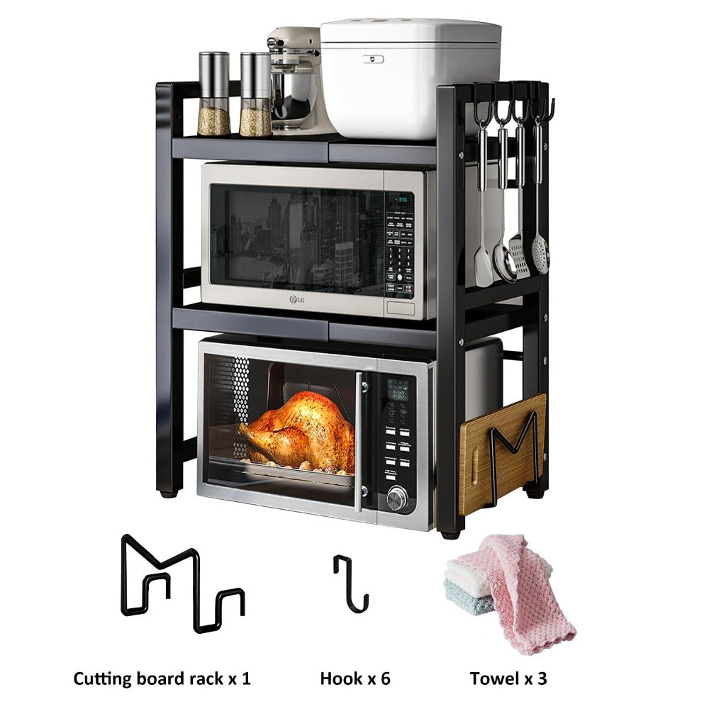 Estante para Microondas Devesanter, Estante de Cocina Extensible de 3 Niveles con 6 Ganchos, 3 Soportes para Toallas y 1 Soporte para Tabla de Cortar. Ideal para Estantes de Cocina, Estantes de Especias y Almacenamiento en Gabinetes de Microondas. . Se Ex