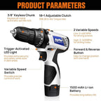 Atornillador Inalámbrico de Poder con 1x O 2x Baterías y 23 Puntas, 18+1 Ajuste de Torque, Taladro Combi de 2 Velocidades, Kit de Taladro con Garfio de 3/8" con Caja de Almacenamiento para Bricolaje en el Hogar, Luz LED para Cemento, Hormigón, Techo, Ladr