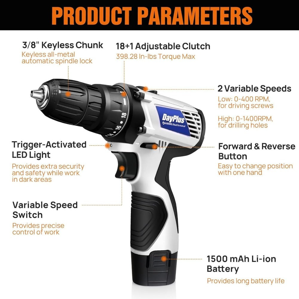 Atornillador Inalámbrico de Poder con 1x O 2x Baterías y 23 Puntas, 18+1 Ajuste de Torque, Taladro Combi de 2 Velocidades, Kit de Taladro con Garfio de 3/8" con Caja de Almacenamiento para Bricolaje en el Hogar, Luz LED para Cemento, Hormigón, Techo, Ladr