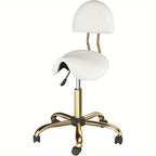 Taburete Bonnlo con Respaldo Extraíble, Taburete Giratorio de 360°, Taburete de Altura Ajustable (48-63Cm), Taburete Ergonómico con Ruedas y Capacidad de Carga de 180Kg para Salón/Oficina/Bar, Cuero Sintético (Blanco-Dorado, 40X34X91)