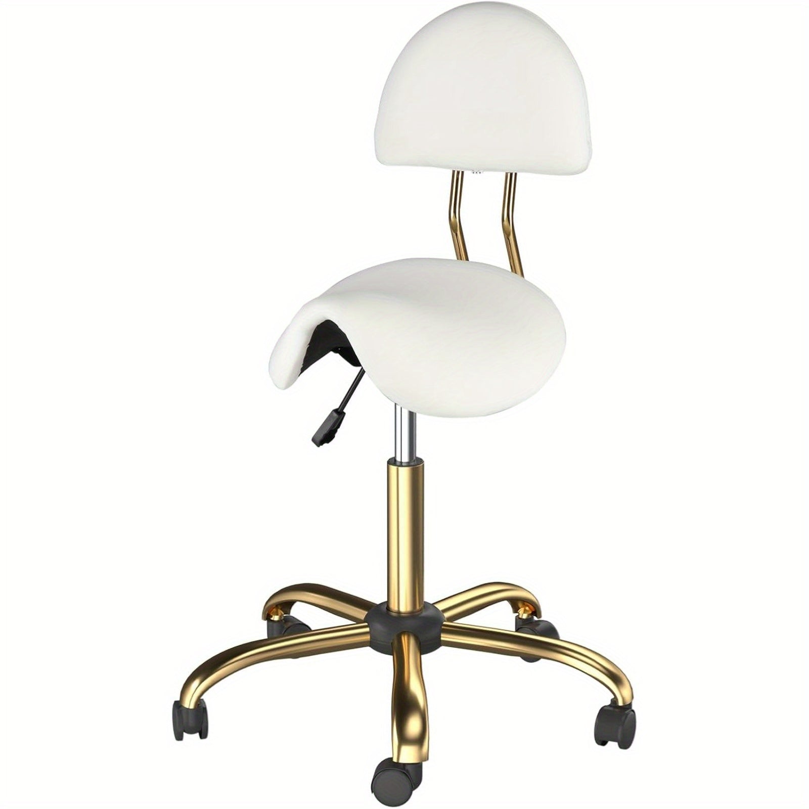 Taburete Bonnlo con Respaldo Extraíble, Taburete Giratorio de 360°, Taburete de Altura Ajustable (48-63Cm), Taburete Ergonómico con Ruedas y Capacidad de Carga de 180Kg para Salón/Oficina/Bar, Cuero Sintético (Blanco-Dorado, 40X34X91)