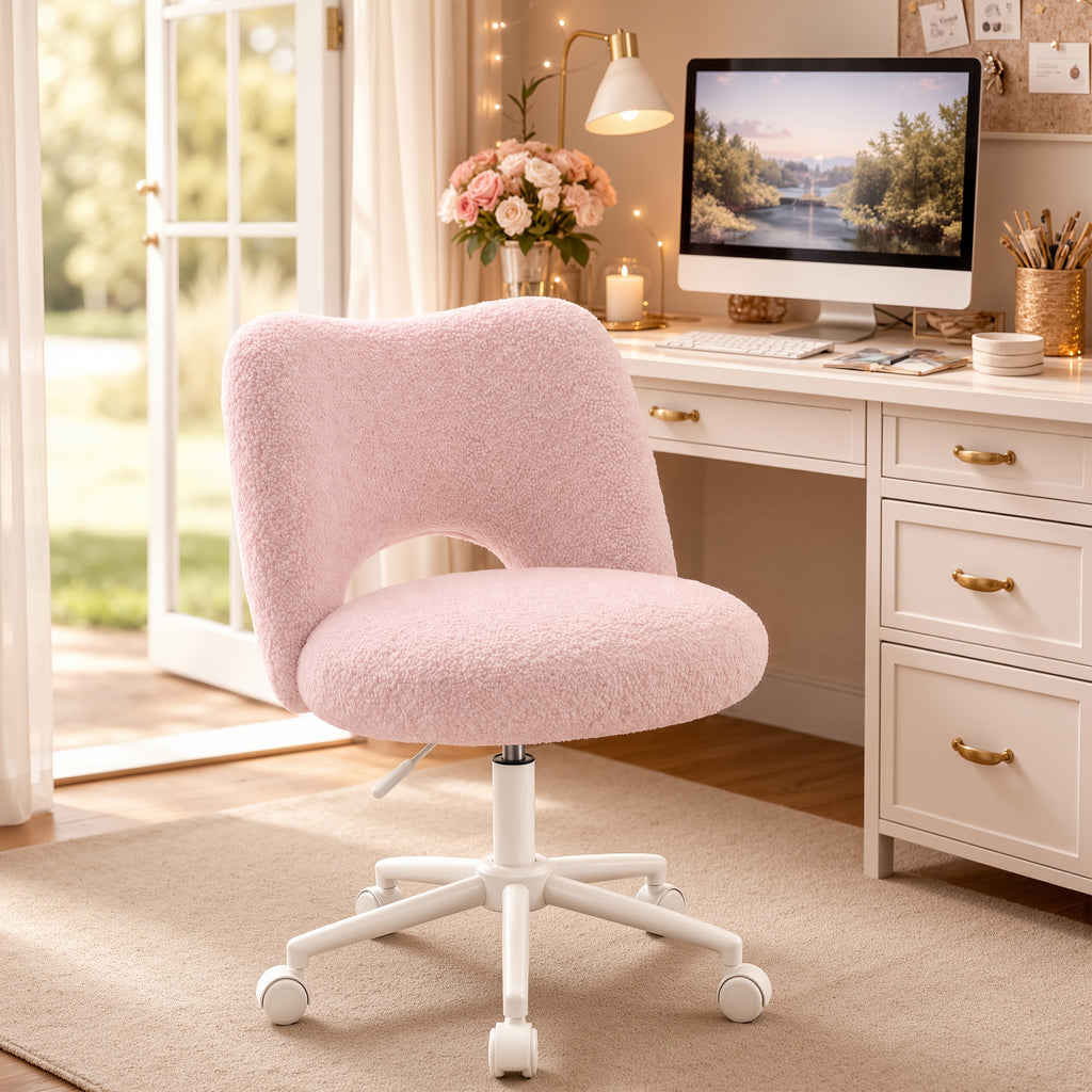 Klyvvo Silla de Escritorio con Ruedas, Silla de Maquillaje con Tejido Teddy Transpirable, Altura Ajustable, Ideal para Oficina, Hogar, Regalo Familiar, Soporta Hasta 150 Kg, Disponible en Rosa, Blanco y Gris