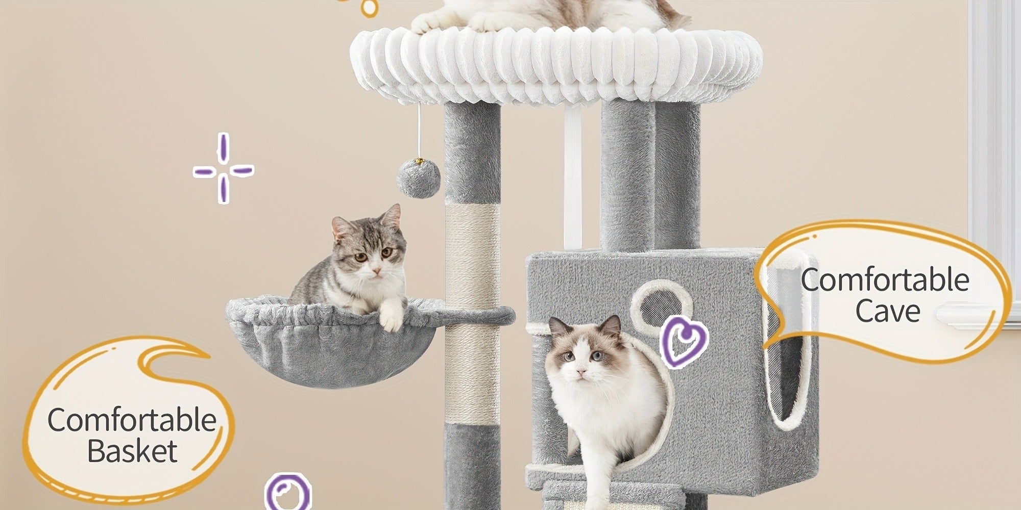 Un árbol para gatos compacto que mide 98 cm, con un diseño amplio y resistente, una gran plataforma suave, una pelota de felpa, una cueva acogedora, un rascador y una tabla rascadora
