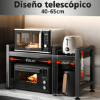 Estante de Cocina Extensible Negro: Estructura de 2 Niveles, 40-65 Cm, con 6 Ganchos para Soporte de Horno Microondas