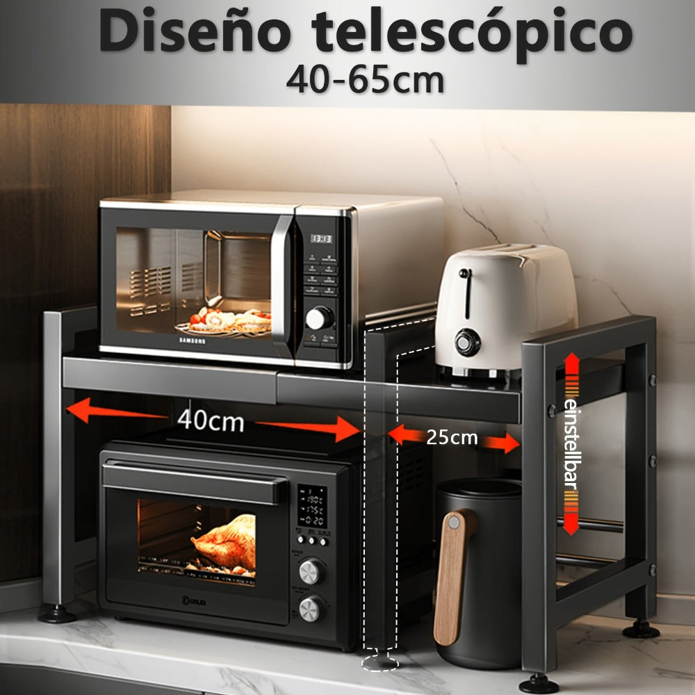 Estante de Cocina Extensible Negro: Estructura de 2 Niveles, 40-65 Cm, con 6 Ganchos para Soporte de Horno Microondas