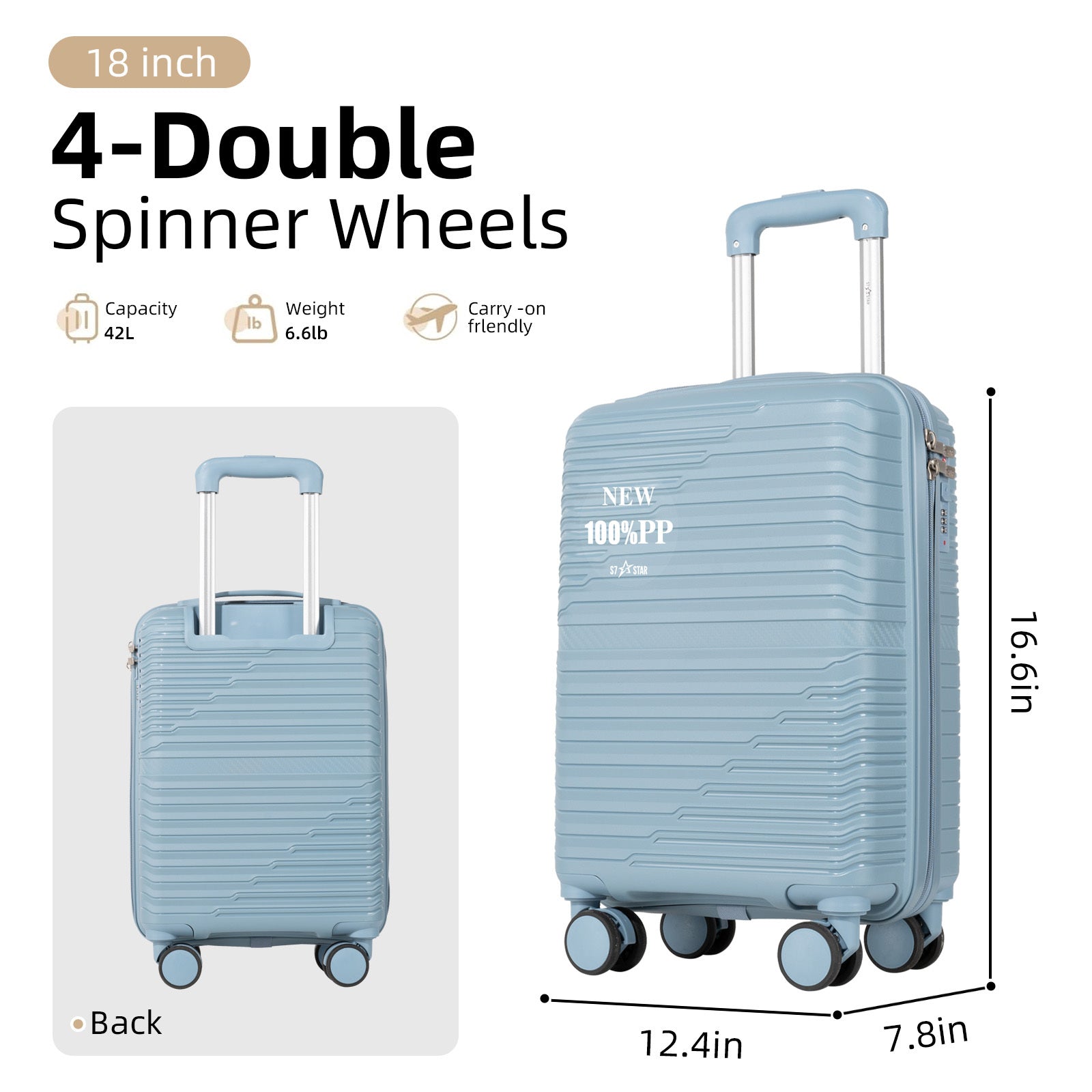 Maleta de Cabina PP de 18 Pulgadas con TSA, Ruedas Giratorias 360° y Mango Elástico - Resistente a la Presión para Viajes, 6 Colores (///) - Apto para Avión