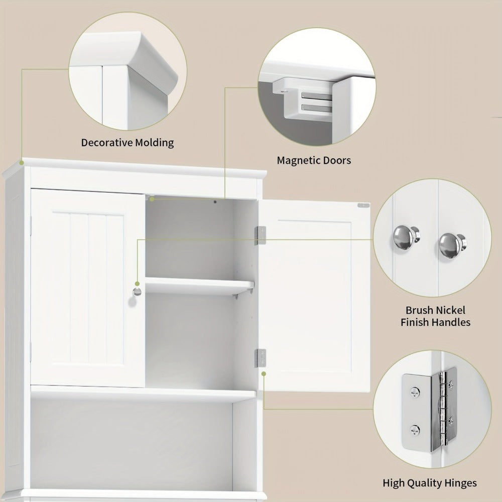 Elegante estante de almacenamiento sobre el inodoro con 3 estantes ajustables, armario de baño independiente (167 X 60 X 23 Cm) con puertas dobles, maximiza el espacio y la organización en blanco