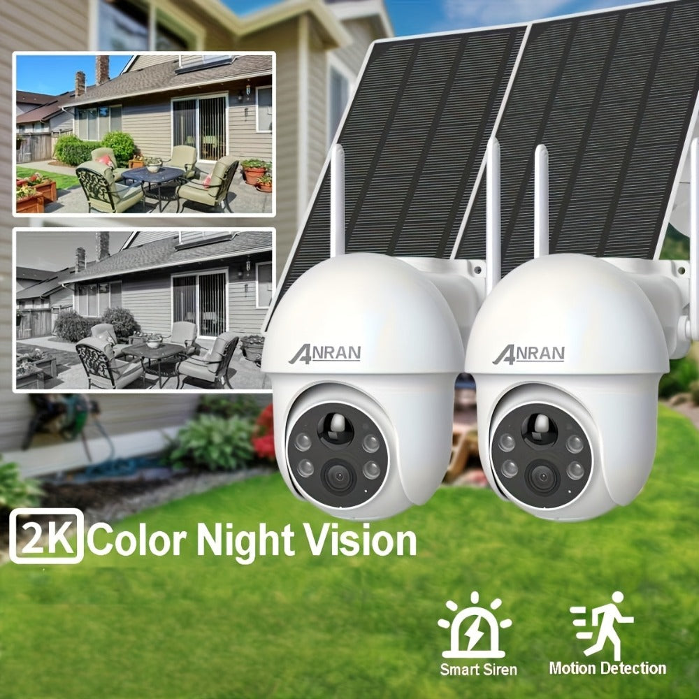2 Piezas Cámara de Seguridad Solar Exterior ANRAN 3MP Inalámbrica, Cobertura PTZ Rotativa 355°, Alertas PIR, Alimentada por Batería, Audio Bidireccional, Visión Nocturna en Color, Compatible con Alexa