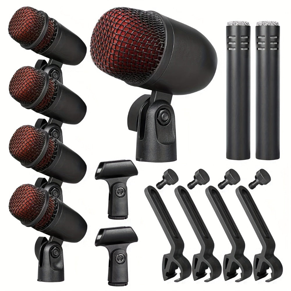 Juego de 7 micrófonos dinámicos de metal para batería - Adecuados para grabación profesional de batería con micrófonos para bombo, tom/snare y platillos, equipados con pinzas para micrófono