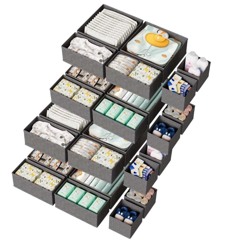 Paquete de 18/24 Organizadores Plegables para Cajones con Tela Profunda y Cierre en Zip - Beige, Contenedores Multicompartimento Resistentes Para Ropa, Calcetines, Pañales, Toallas, Sostenes & Ordenación del Vestidor o Guardería - Cubículos Ahorradores de