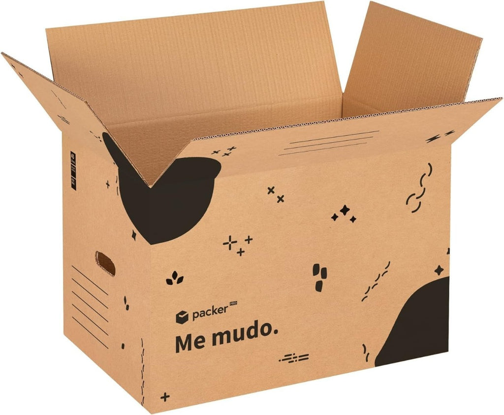 Caja Cartón para Mudanzas y Almacenaje Ultra Resistentes con Asas, Cartón Resistente de Máxima Durabilidad, Tamaño Ideal para Mudanzas y Almacenaje de Libros, Objetos y Ropa, Asas Laterales para Manejo Fácil y Seguro - packer PRO