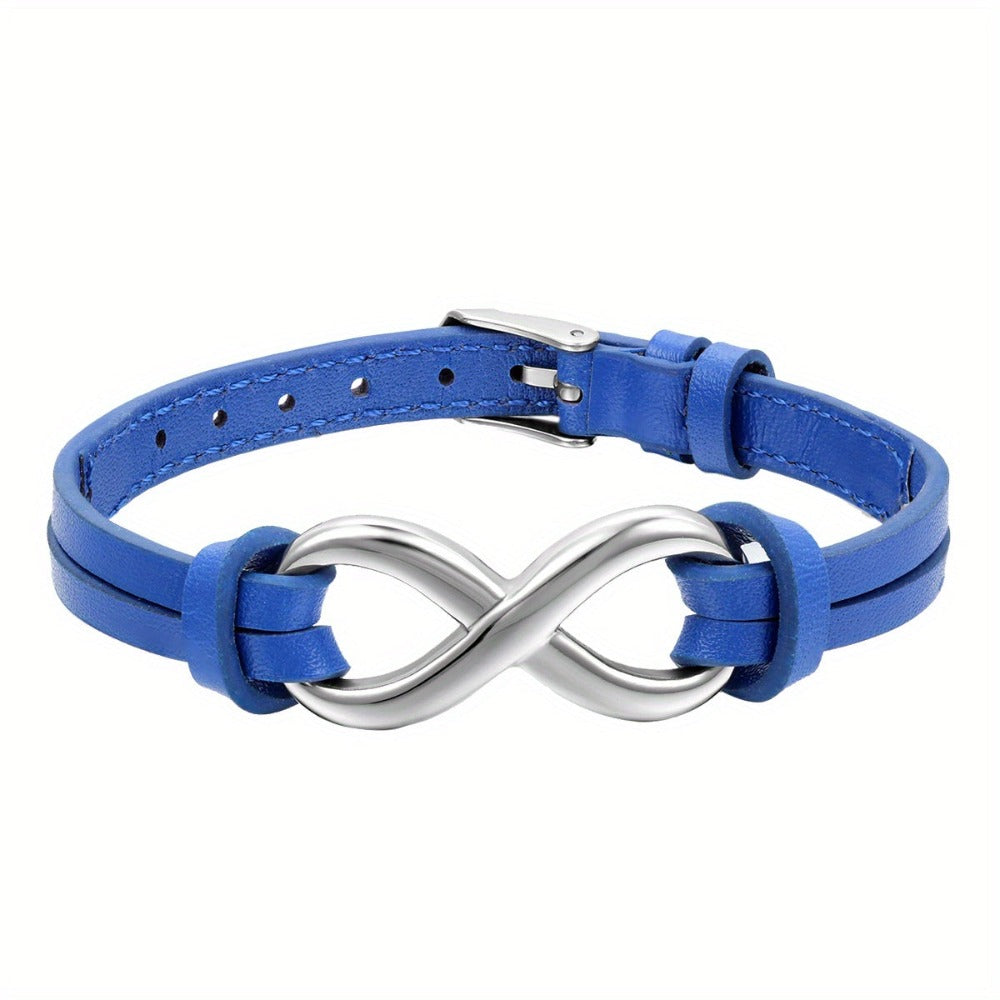 Pulsera JewelryWe de cuero sintético con dije de amor infinito de acero inoxidable para hombre y mujer, ajustable 17.78-21.08 cm