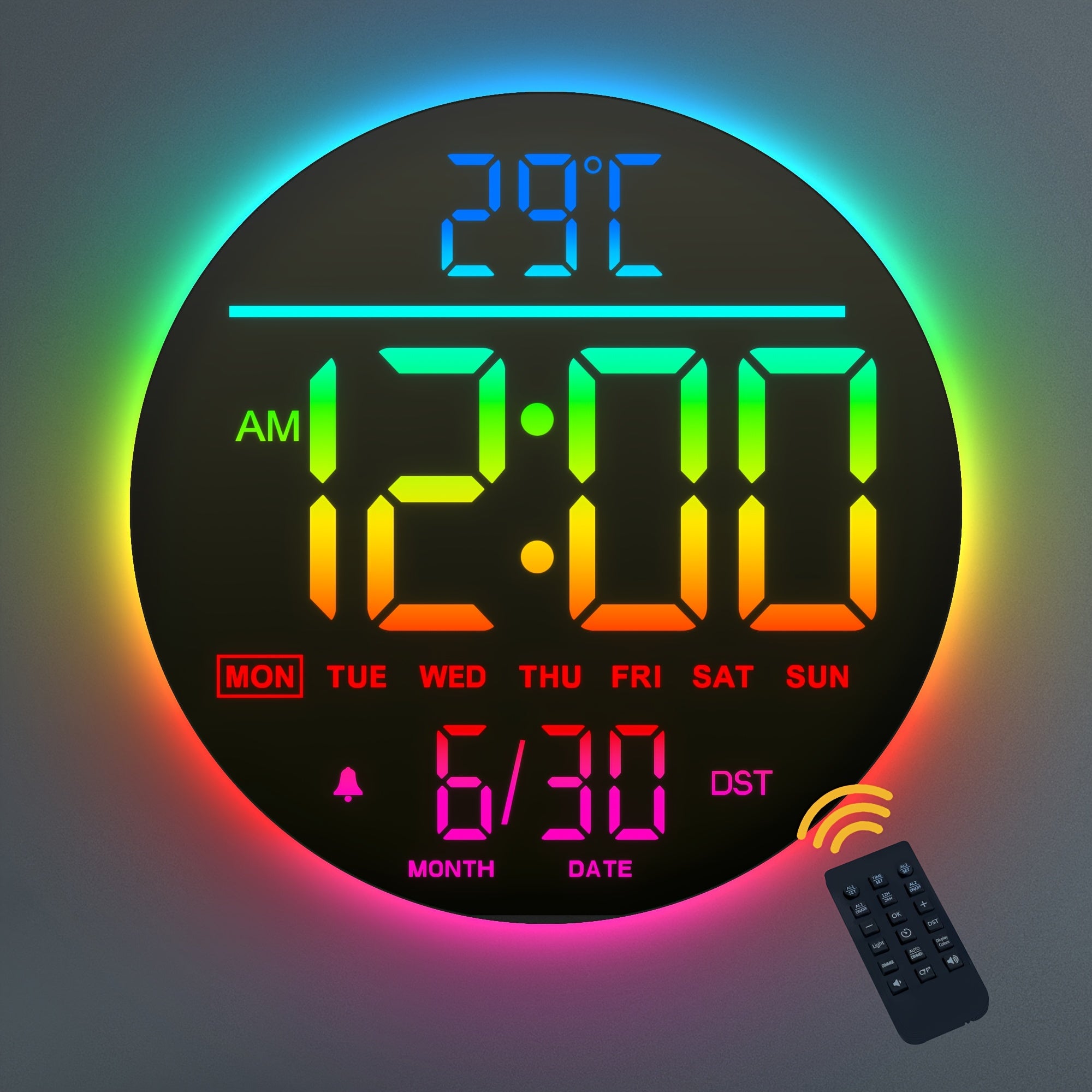 Reloj de pared digital grande de 25.4cm | Con pantalla LED grande, temporizador de cuenta regresiva de alarma, color RGB, DST automático, batería de respaldo preestablecida, control remoto, brillo de 5 niveles, campana musical, marco de plástico espejado